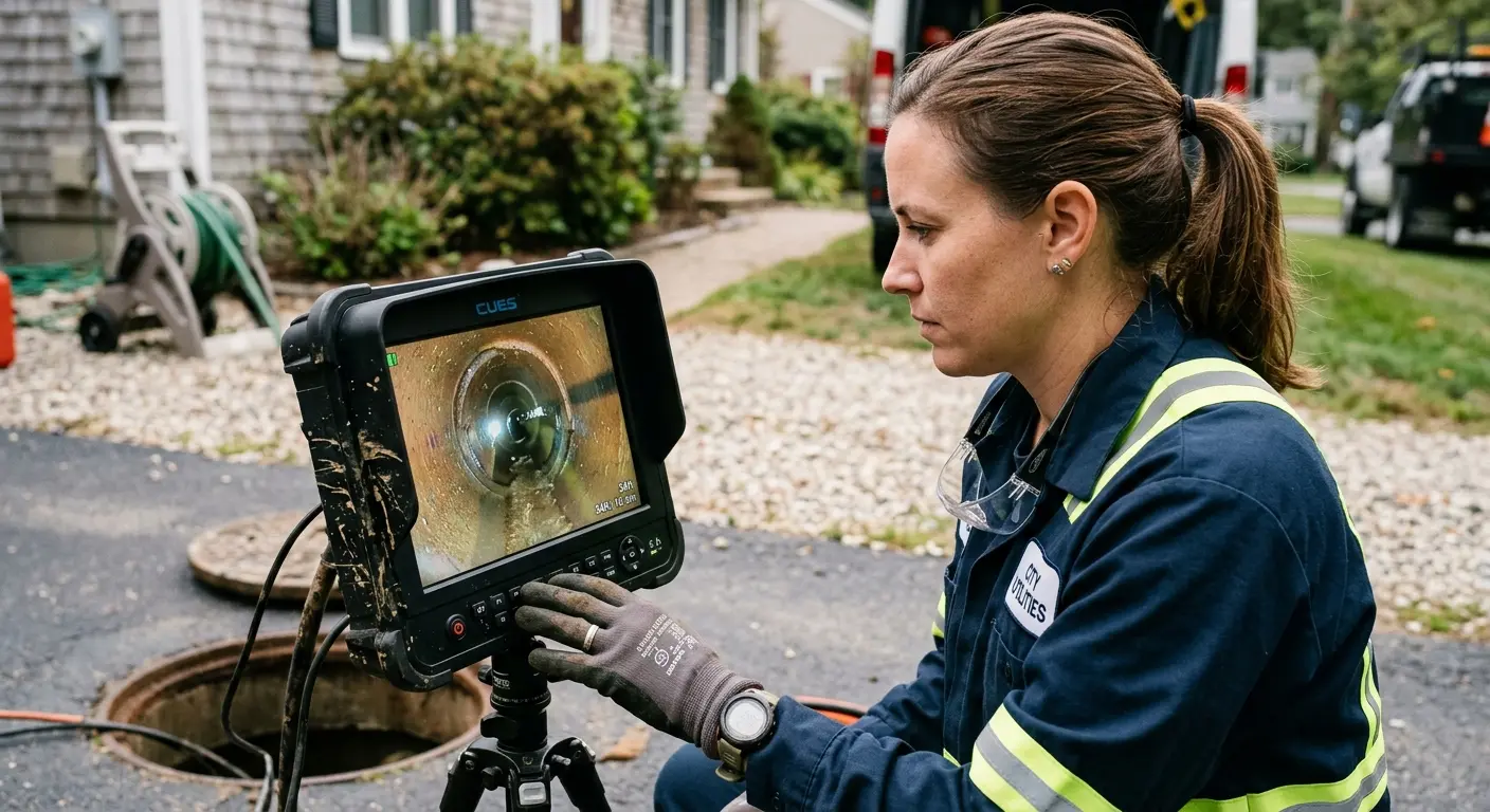 Technician reviewing sewer camera inspection footage in Kenner
