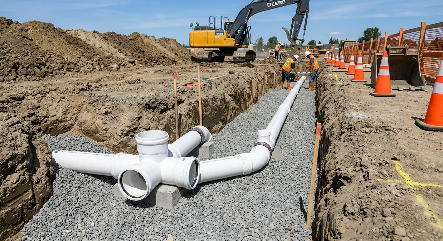 New PVC sewer pipe installation in open trench for Sewer Backup in Kenner