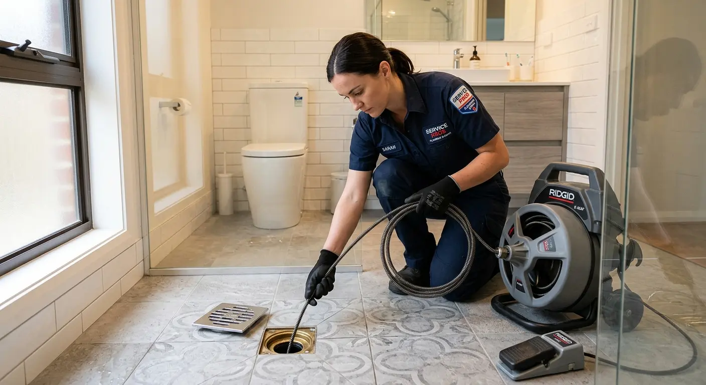 Technician clearing a bathroom floor drain for Hydro Jetting in Kenner